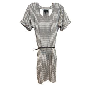 Greylin Anthropologie Belted Stripe Beige, White Short Sleeve Dress, Sz Sm EUC